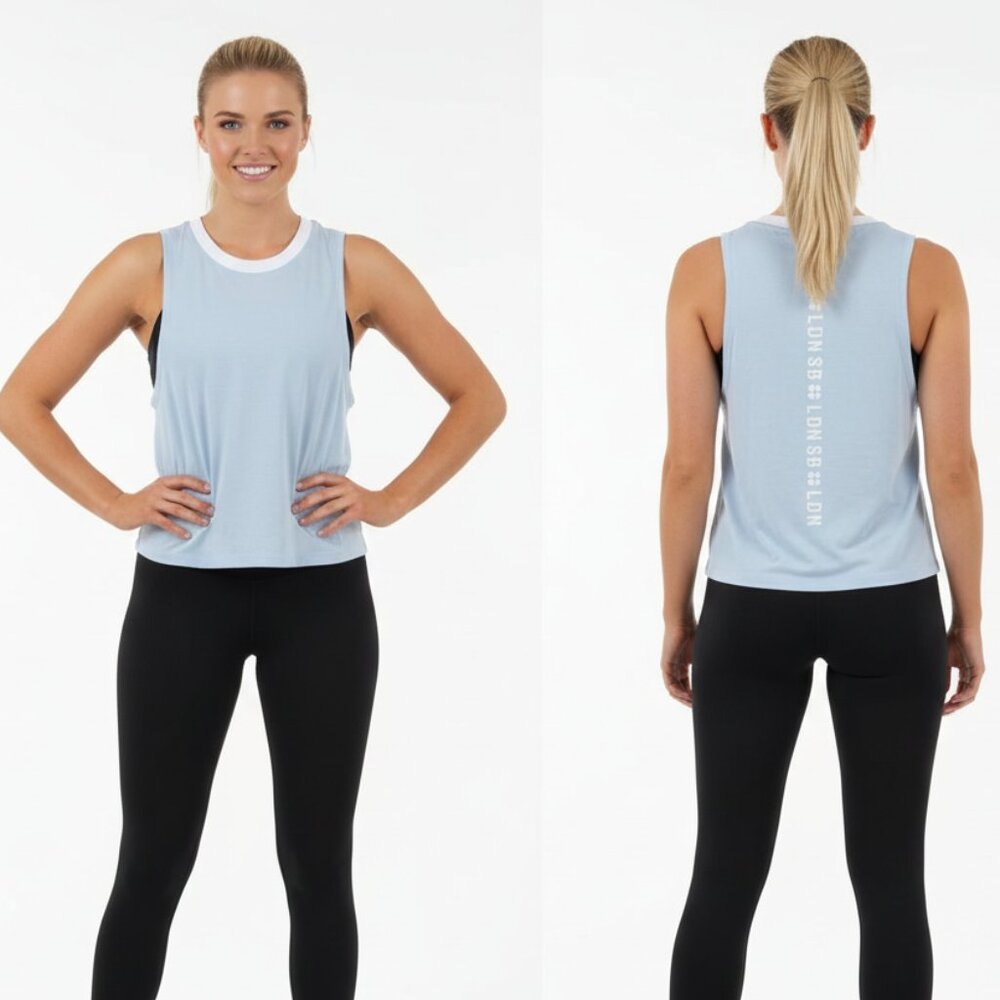 Sweaty Betty Light Blue Sleeveless SB LDN Print Sport Athletic Workout Tank Top